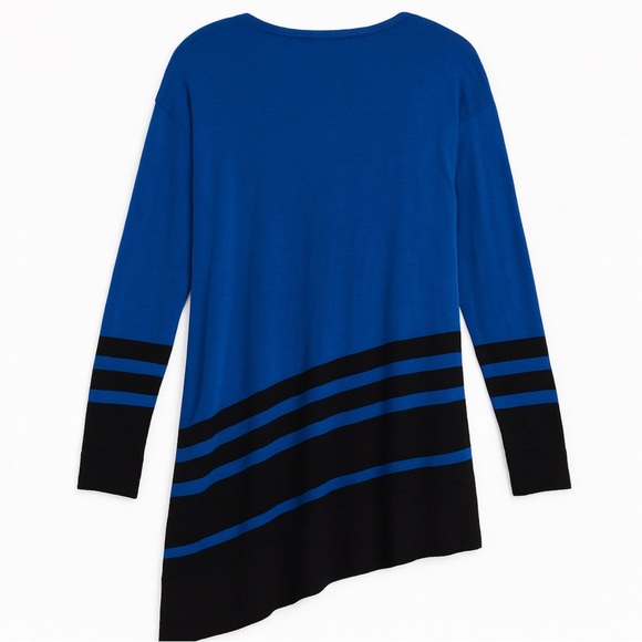 NWT Vince Camuto Asymmetrical V-Neck Sweater Azure Blue Black Stripe Hem Size L - Picture 4 of 9